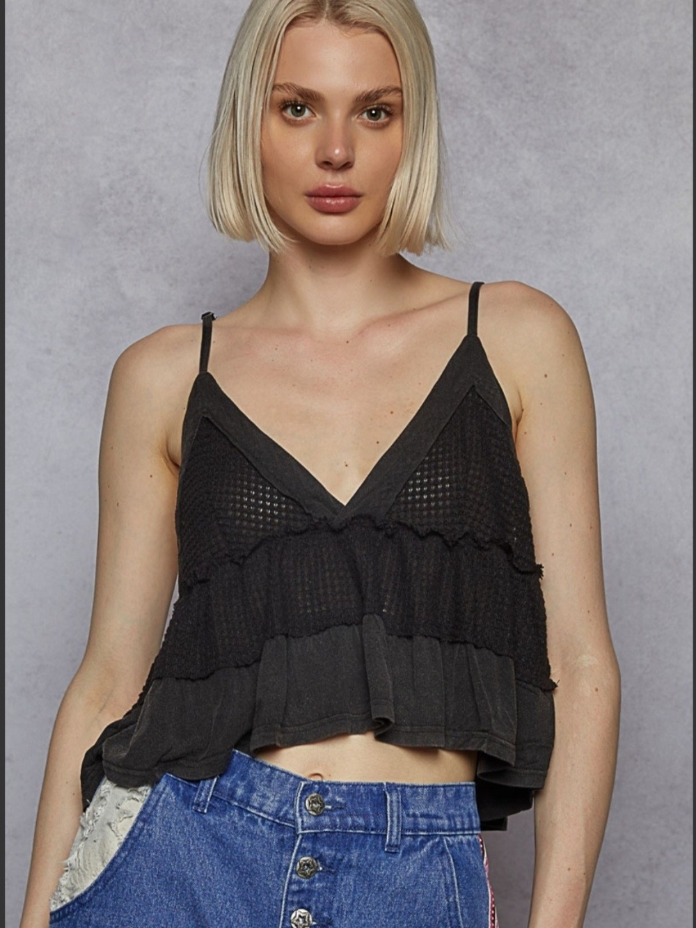 POL Black V-Neck Layered Ruffle Cami